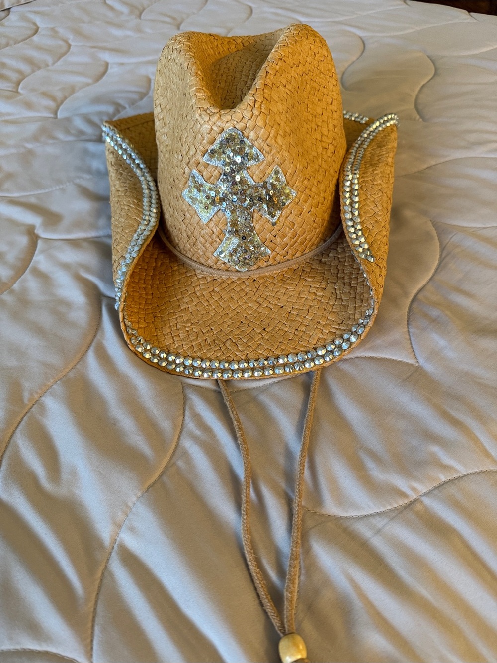 Embellished Firm Straw Cowboy Hat with Rhinestone Cross and Rim Trim